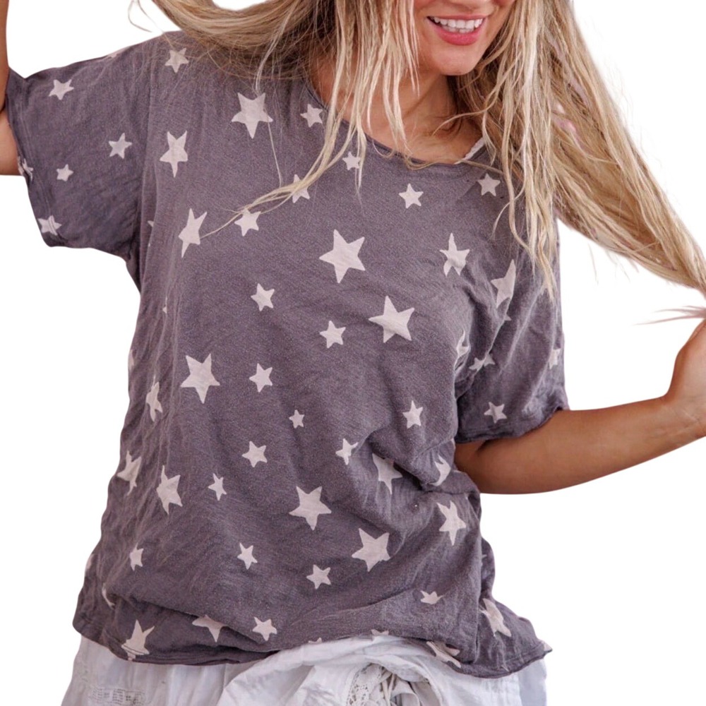 Magnolia Pearl Distressed Short Sleeve Gray Tee Shirt White Stars OS NEW